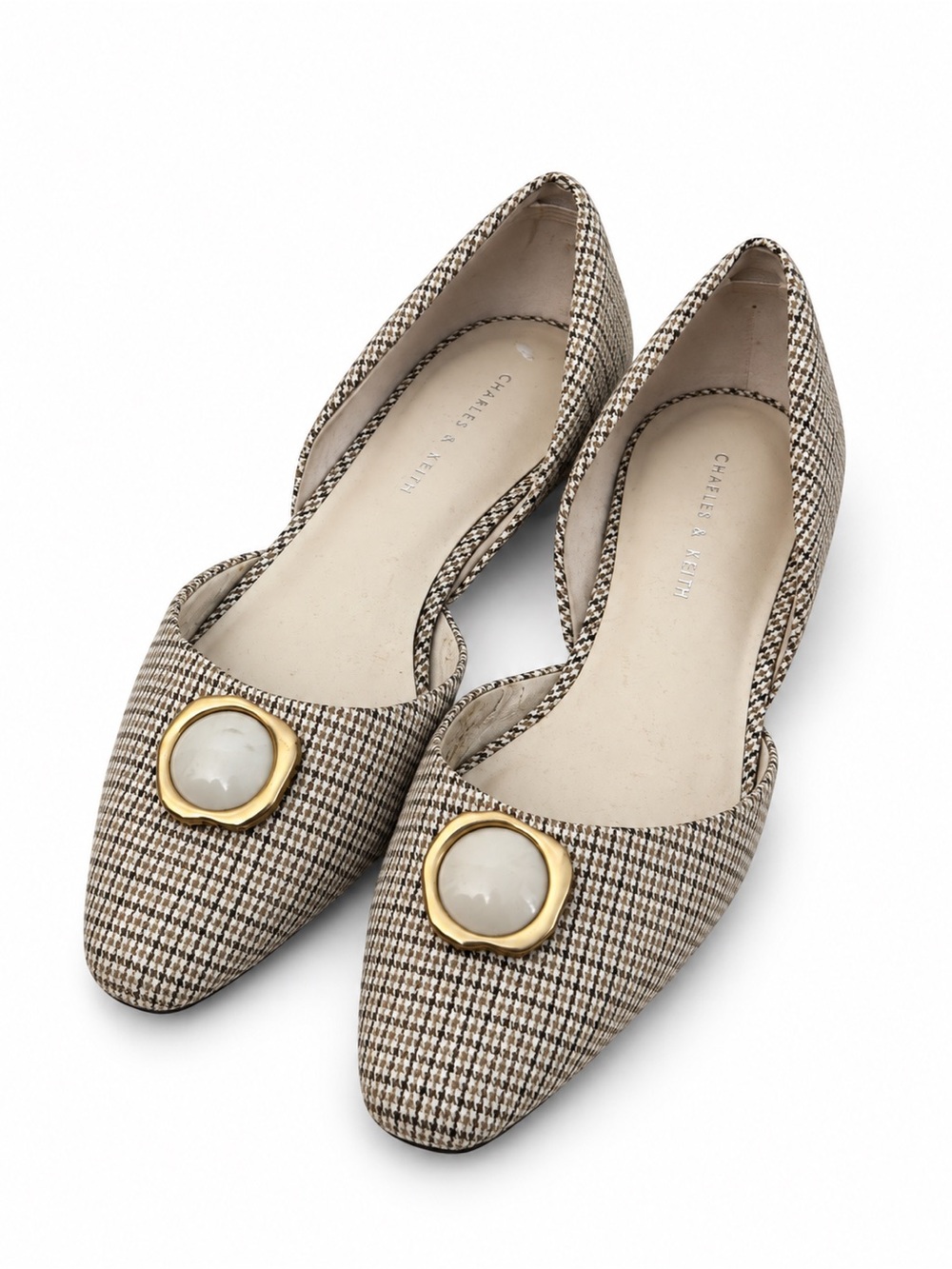 Charles & Keith Beige Houndstooth Pointed Flats with Gold Medallion
